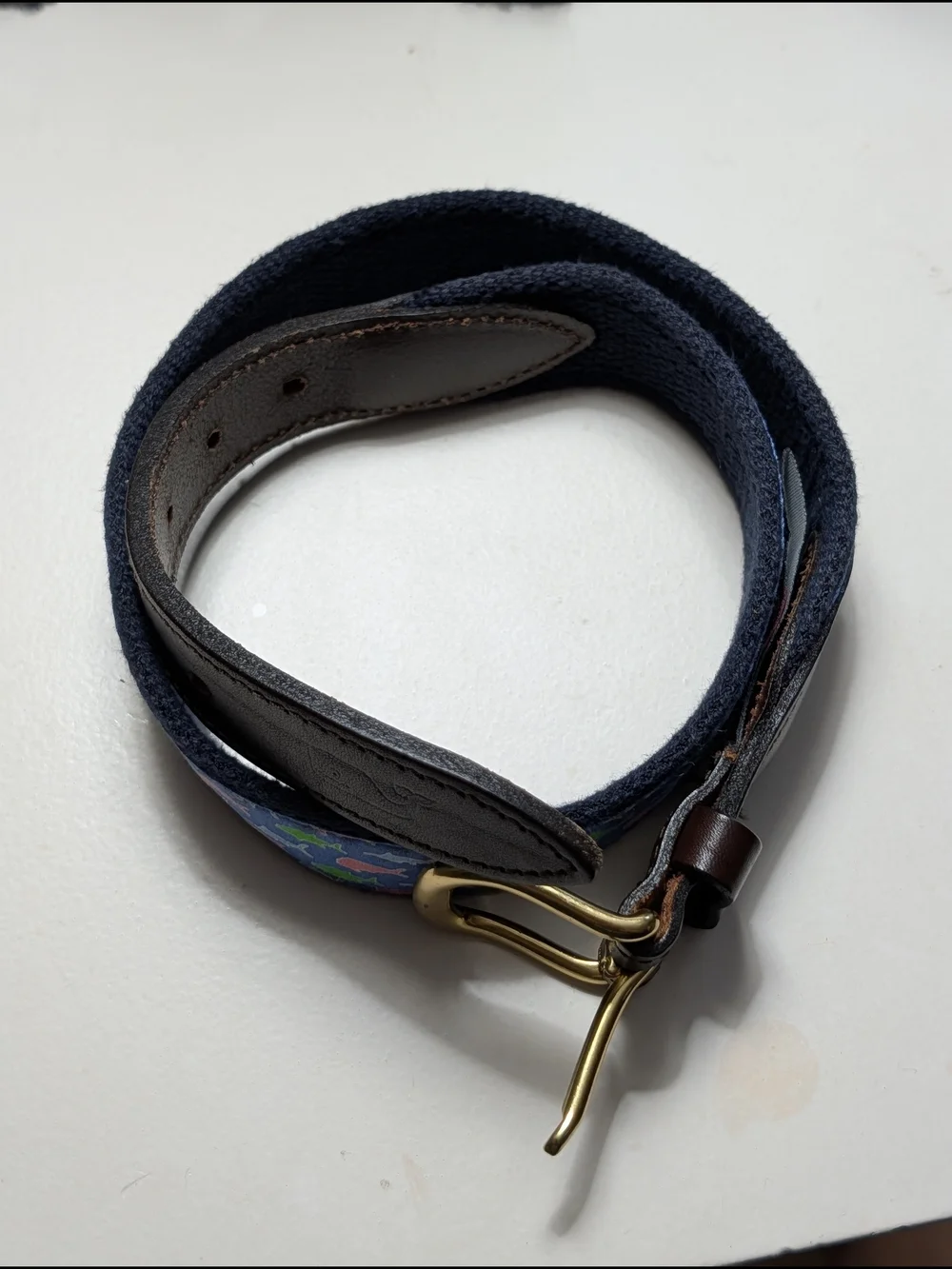 Vineyard Vines Kids Navy Fish Print Belt with Brass Buckle